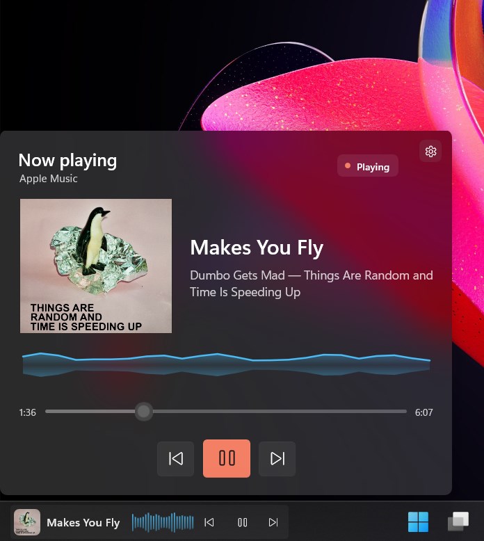 Media widget flyout with album artwork and playback controls