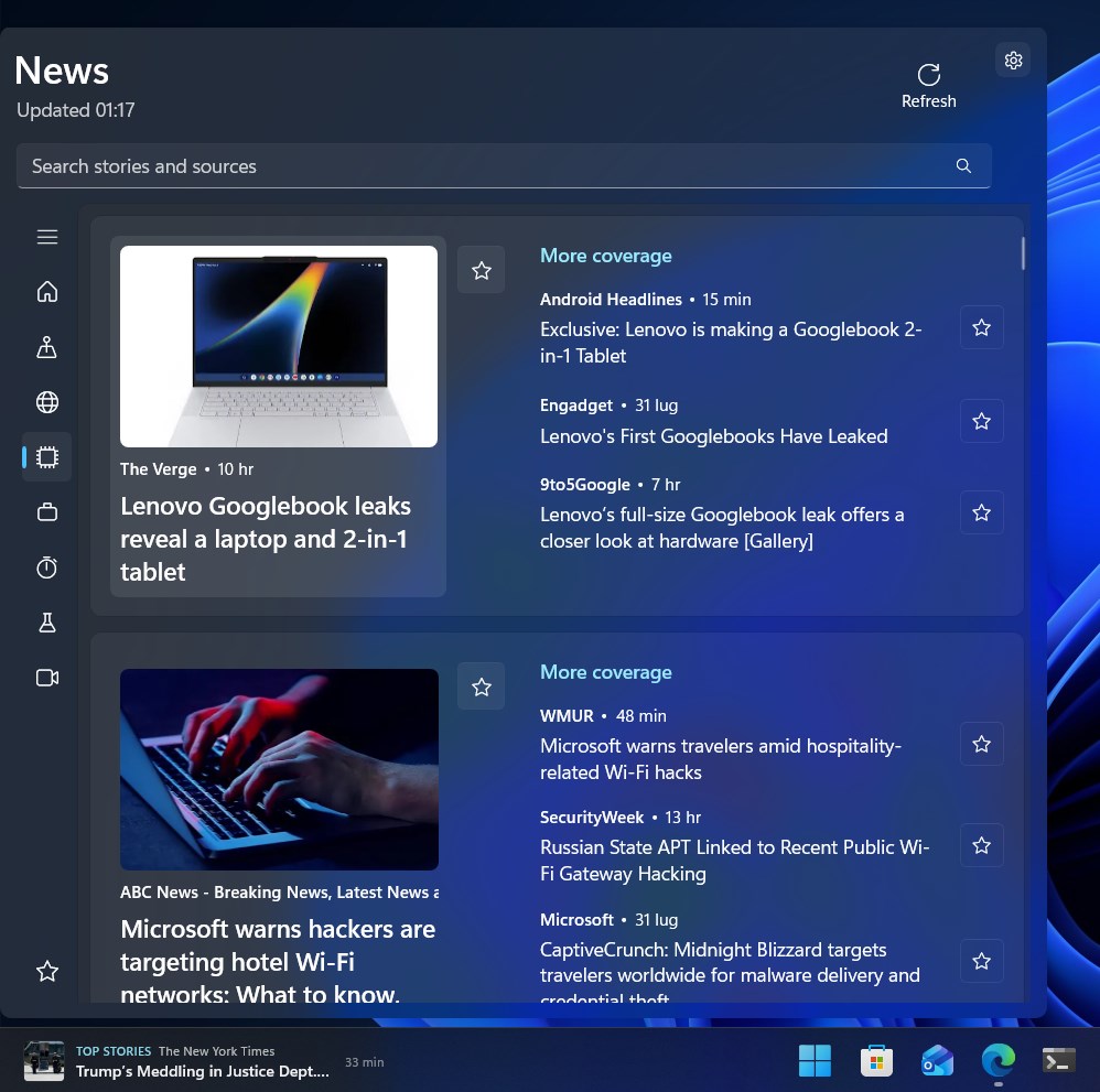 News widget flyout with top stories and sources
