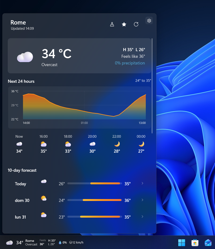 Weather widget flyout with current conditions and a ten day forecast