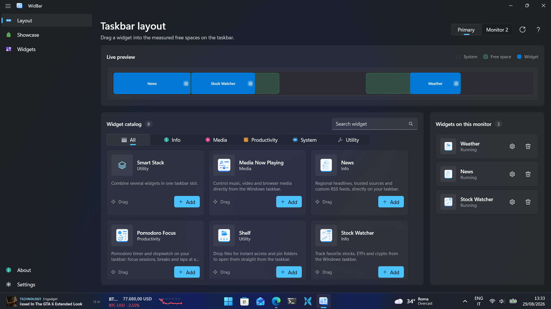 WidBar layout page showing widgets arranged on the Windows taskbar